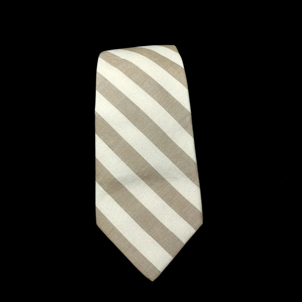 Albert Nipon Tan White Striped Cotton Necktie Hand Made Men's Tie